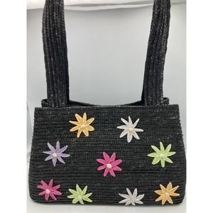 Gunne Sax Woven Black/Floral Shoulder Bag/Purse Raffia Lined Multicolored Flower